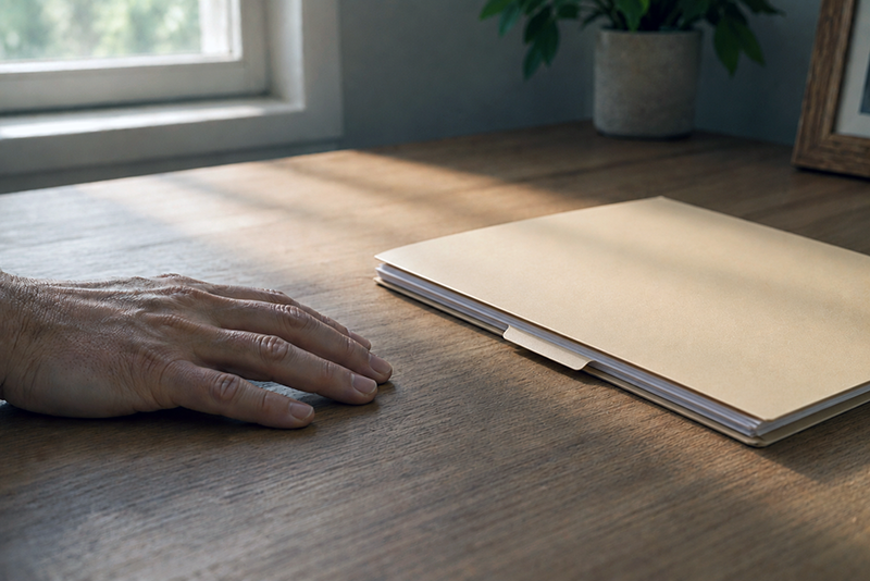 An organized, empty desk with a single closed folder — a sense of resolution and calm